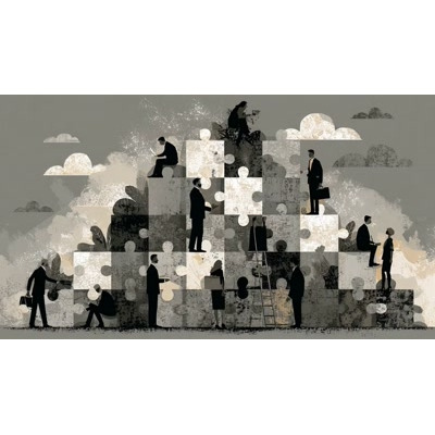 Video of business people assembling a giant puzzle wall, symbolizing teamwork, problem-solving, and collaboration.