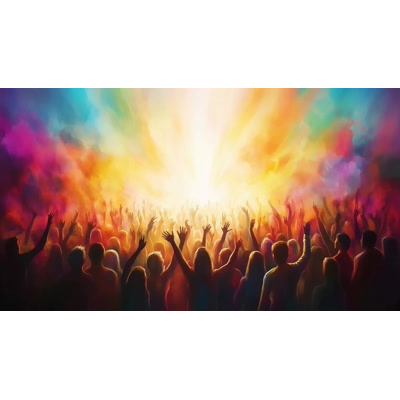 This vibrant video background captures a colorful worship crowd celebrating in unison, perfect for uplifting presentations.