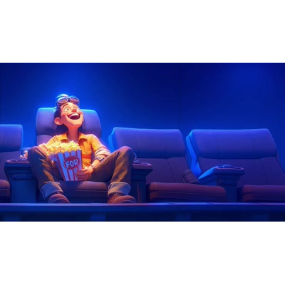 Download this joyful video background of a boy enjoying popcorn in a theater, perfect for movie-themed presentations.