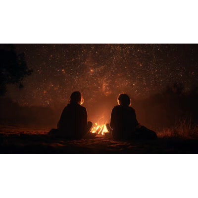 This enchanting video background captures two people by a campfire under a starry sky, perfect for evoking warmth and connection.
