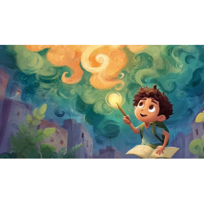 This whimsical video background captures a boy&#039;s imagination as he gazes at a colorful sky, perfect for children&#039;s book themes.