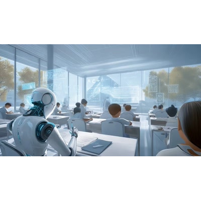 This futuristic video background showcases a robot student in a modern classroom, emphasizing innovation in education.