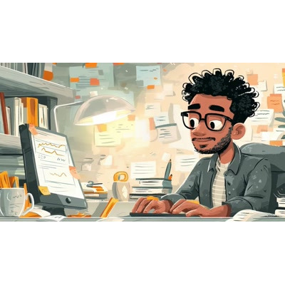 This animated video background captures a focused man at his computer, perfect for showcasing productivity themes in your presentation.