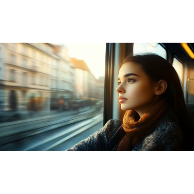 This reflective video background captures a woman gazing out of a tram, perfect for evoking journeys and self-discovery.