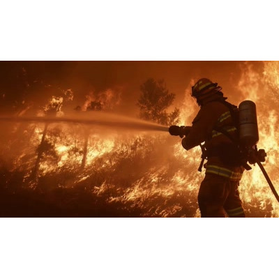Download this dynamic video background showcasing a firefighter battling a wildfire.
