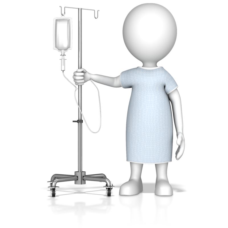 John Doe, a patient avatar, standing with an IV pole and hooked up to an IV drip. The image illustrates a patient receiving IV therapy, highlighting the process and equipment involved.