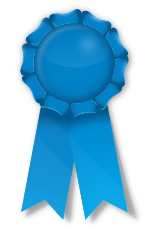 Blue Ribbon Batch For First Position On White Background Stock Photo, PowerPoint Presentation Designs, Slide PPT Graphics
