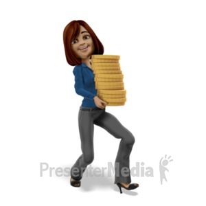 ID# 24618 - Businesswoman Carrying Stack Of Gold Coins - Presentation Clipart