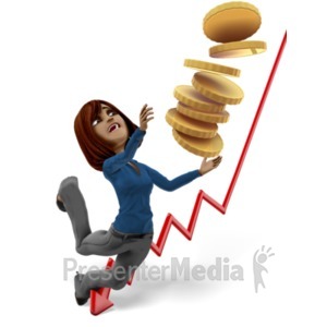 ID# 24619 - Businesswoman Tripping With Stack Of Gold Coins - Presentation Clipart