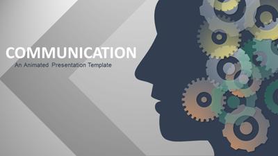 A preview image of a PowerPoint template slide that shows many gears inside of a head and the word communication.