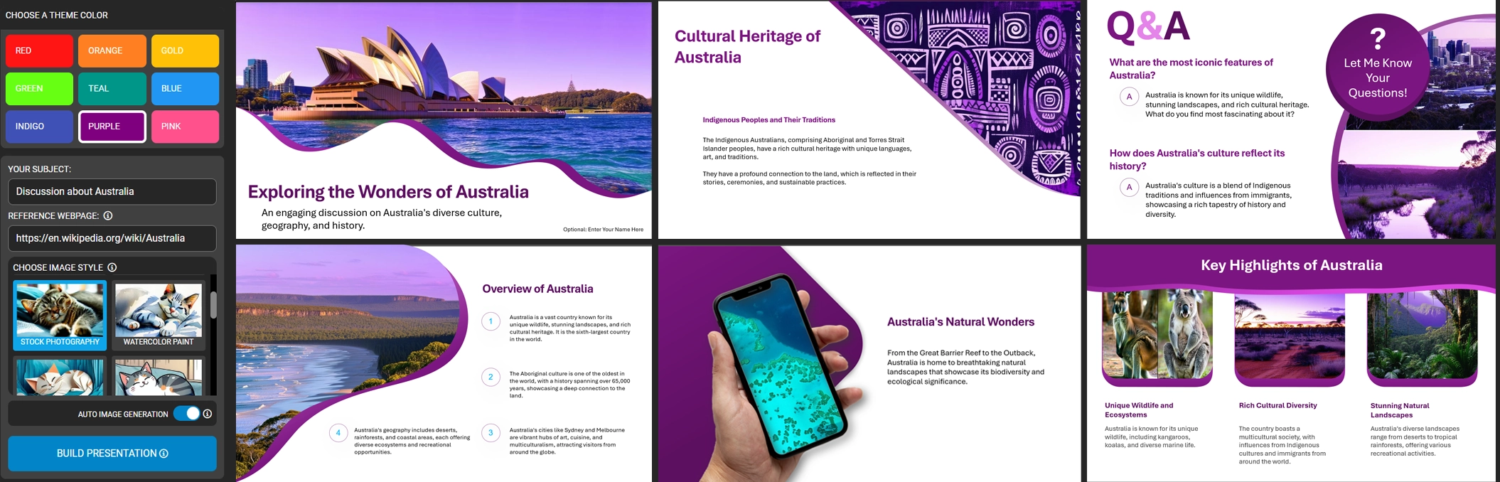 An example of presentation about Australi create with the PresenterMedia ai presentation generator.