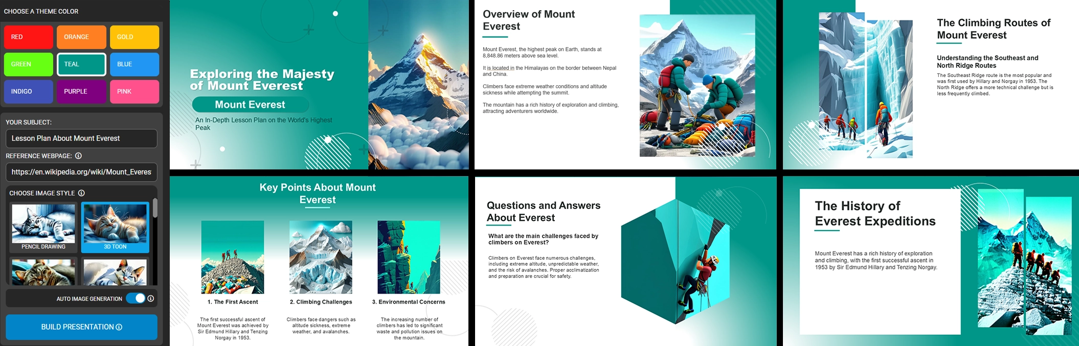 An example of a mount everest presentation create with the PresenterMedia ai ppt maker.