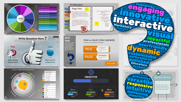 A collage of interactive PowerPoint slides with a question mark word cloud