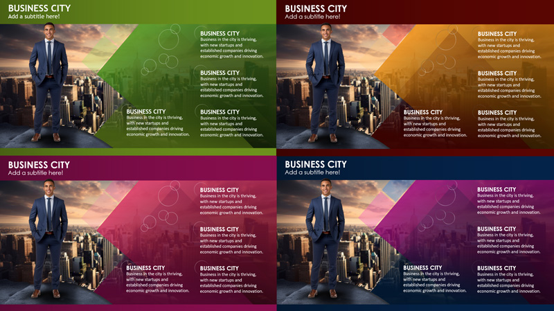 A group of business PowerPoint slides with different theme colors applied