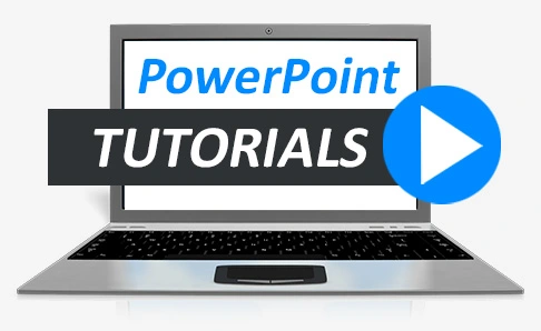 A laptop with screen showing the text PowerPoint tutorials with a video play symbol next to it.