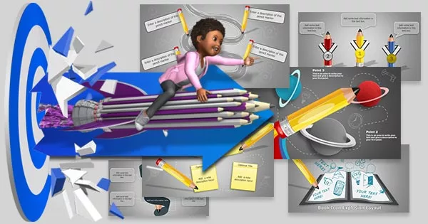 A preview image of education PowerPoint slides with a cartoon student flying through them on a pencil.