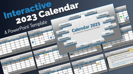 A collage of presentation slides from 2023 Interactive PowerPoint Calendar