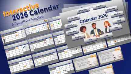 A collage of presentation slides from 2026 Interactive Calendar PowerPoint Template