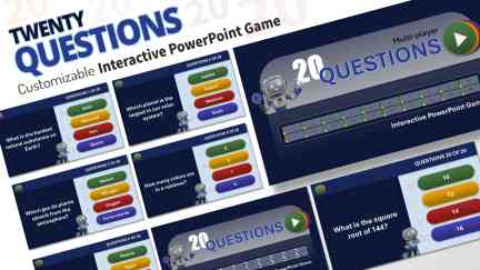 A collage of presentation slides from 20 Questions PowerPoint Template