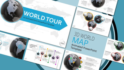 A collage of presentation slides from 3D PowerPoint World Map Template