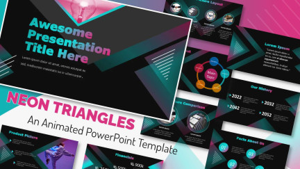 A collage of presentation slides from A PowerPoint Template with Neon Triangle Designs