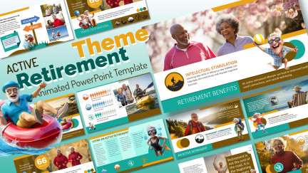 A collage of presentation slides from Active Retirement PowerPoint Theme