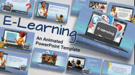 A collage of presentation slides from Animated E-Learning PowerPoint Theme