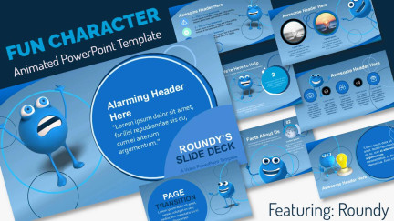 A collage of presentation slides from Animated Roundy Character Template for PowerPoint