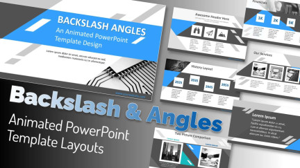A collage of presentation slides from Backslash and Angles PowerPoint Template Designs