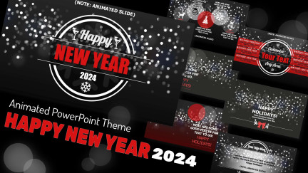 A collage of presentation slides from Black Blur New Year's PowerPoint Template