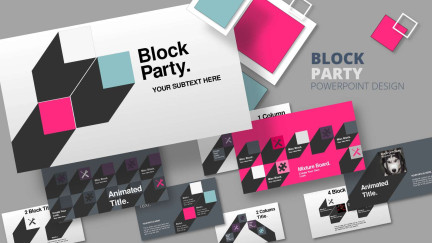 A collage of presentation slides from Block Party PowerPoint Template
