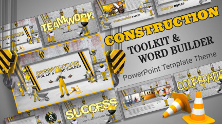 A collage of presentation slides from Build a Word Construction PPT Template Theme