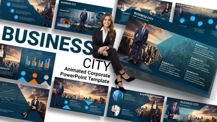 A collage of presentation slides from Business City: Corporate PowerPoint Template