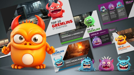 A collage of presentation slides from Business Gremlins: Visualize Business Pitfalls PowerPoint Template