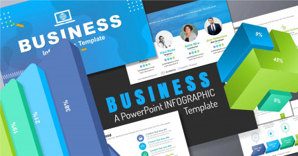 A collage of presentation slides from Business Infographic Simple PowerPoint Template