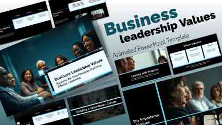 A collage of presentation slides from Business Leadership Values PowerPoint Template