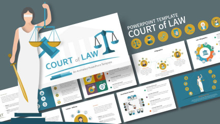 A collage of presentation slides from Court of Law Template Slides for PowerPoint