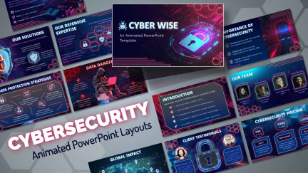 A collage of presentation slides from Cyber Security PowerPoint Themed Template