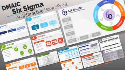 A collage of presentation slides from DMAIC Six Sigma: An Interactive PowerPoint