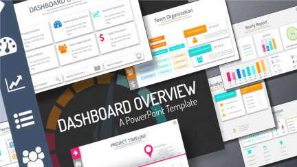 A collage of presentation slides from Dashboard Overview PowerPoint Template