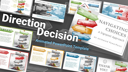 A collage of presentation slides from Direction Decision Signs PowerPoint Theme