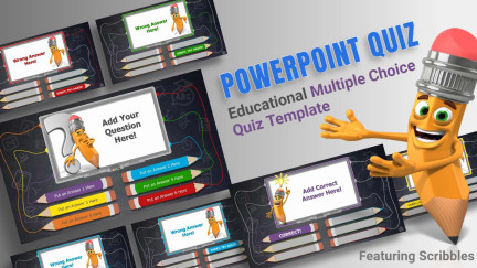 A collage of presentation slides from Educational Pencil Multiple Choice PowerPoint Quiz Template