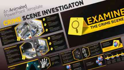 A collage of presentation slides from Examine the Crime Scene PowerPoint Theme