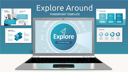 A collage of presentation slides from Explore Around PowerPoint Template