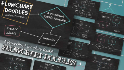 A collage of presentation slides from Flowchart Chalkboard Doodles PowerPoint Toolkit