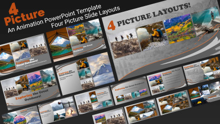 A collage of presentation slides from Four Picture Layout PowerPoint Toolkit