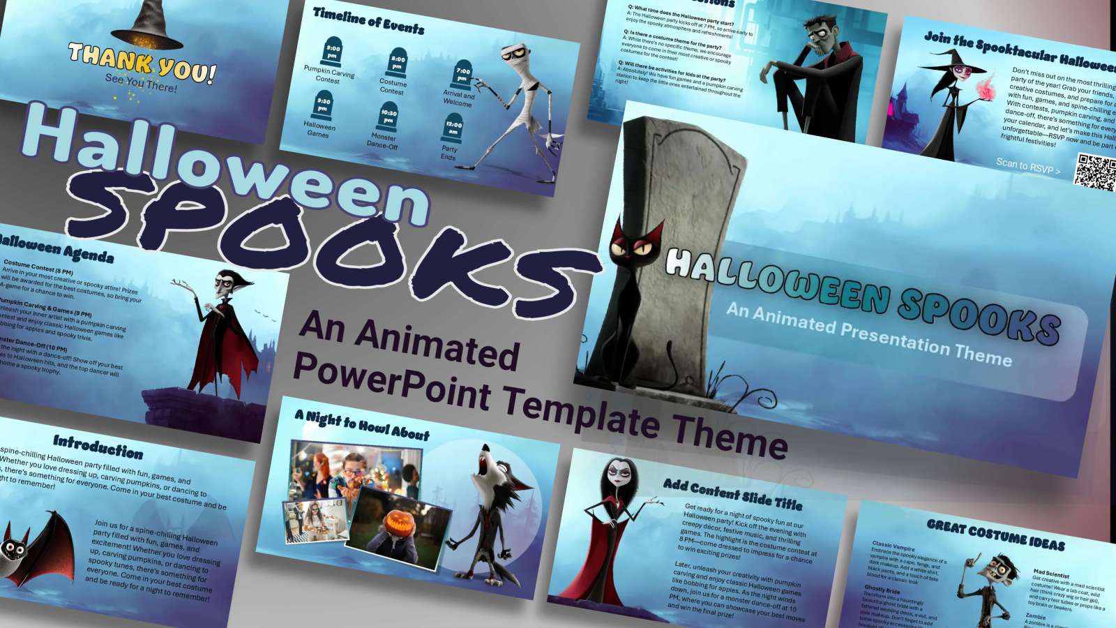 A collage of a slide from the PresenterMedia Halloween PowerPoint: Spooky Characters