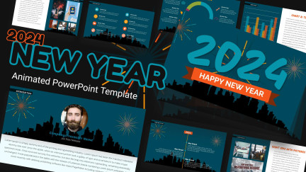A collage of presentation slides from 2024 Happy New Year City Fireworks PowerPoint Template