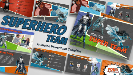 A collage of presentation slides from Heroic Superhero Team - PowerPoint Comic Theme