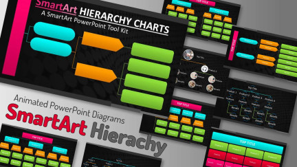 A collage of presentation slides from Hierarchy Smart Art Layouts for PowerPoint
